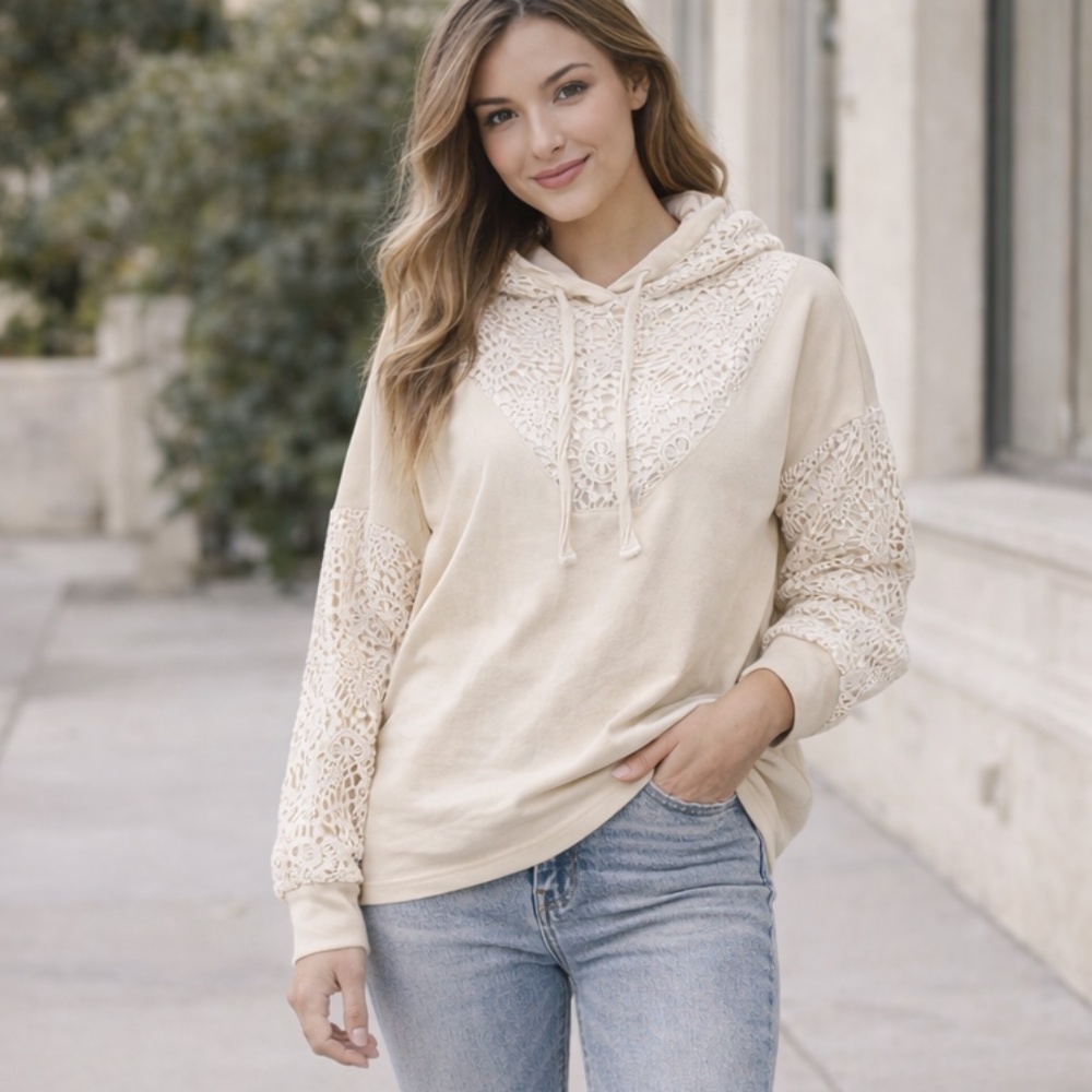 Boho Cream Lace Hoodie Sweatshirt | Cottagecore Floral Lace Pullover Top